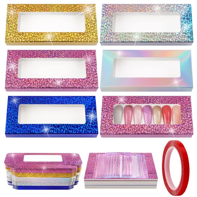 63 PCS Press on Nails Packaging Set, Kalolary Clear Nail Tips Display Storage Box Set Including Packaging Boxes, Double Sided Tape and Transparent Nail Display Stand Holder for Press on Nail Business