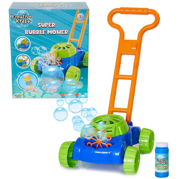 KreativeKraft Lawn Bubble Mower Push Along Toy Lawnmower For Kids And Toddlers With Bubble Machine Soapy Solution Included | Gift Idea For Children From Age 5 | Garden Play Tools And Accessories