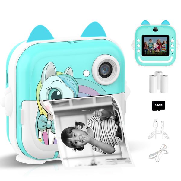 Instant Print Camera for Kids, Christmas Birthday Gifts for Girls Boys, Selfie Digital Camera with 1080P Videos, Portable Camera Toy for 4 5 6 7 8 9 10 Years Old boy with Print Paper & 32G Card