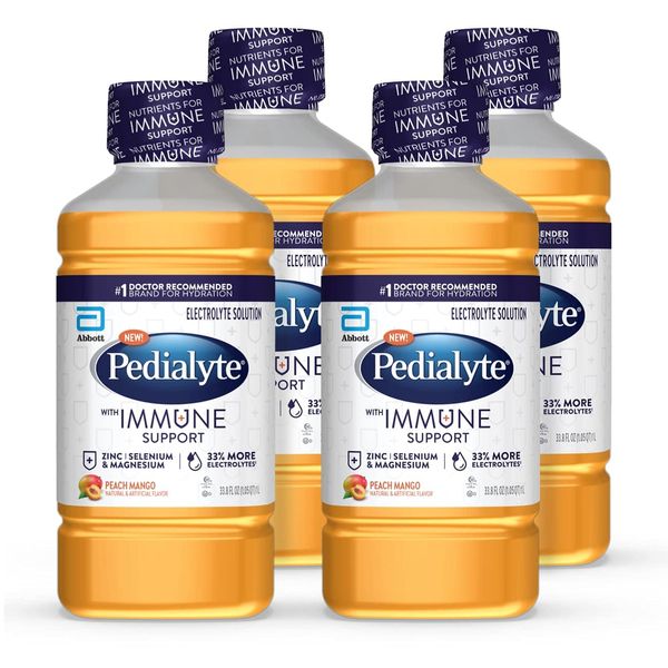 Pedialyte with Immune Support, Peach Mango, 4 Count, Electrolyte Hydration Drink, with Zinc, Selenium, and Magnesium, 1 Liter