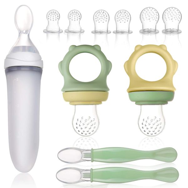 Lictin Baby Food Feeders - 11PCS Fresh Fruit Feeders Baby Food Pacifier Feeder with Baby Feeding Spoons, Silicone Teething Pacifiers Baby Fruit Feeding Set for Infants & Toddlers (11PCS, Green)