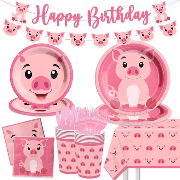 Pig Birthday Decorations-143Pcs Farm Animal Pig Tableware Set Kids Pink Pig Theme Plates and Napkins Set,Pig Birthday Party Supplies for 20 Guests