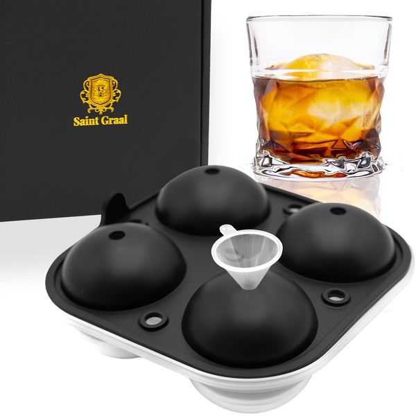 SaintGraal Round Ice, 2.2 inches (5.5 cm), Ice Maker, Ice Tray, Container, Silicone, Whiskey, Rock Glass, Highball, Liquor, Birthday, Present, Father's Day Gift (Black)