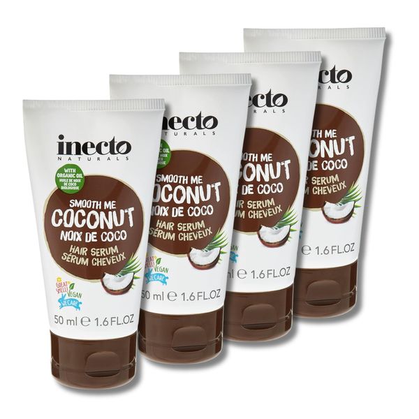 Inecto Naturals Coconut Hair Serum - Pack of 4 x 50ml, Nourishing Hair Treatment with Pure Coconut Oil for Smooth, Shiny, and Healthy-Looking Hair