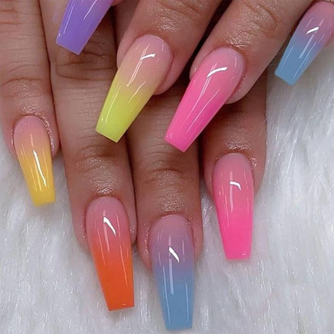 24pcs Long Coffin False Nails Multicolor Stick on Nails Gradient Press on Nails Removable Glue-on Nails Full Cover Acrylic Fake Nails Women Girls Nail Art Accessories