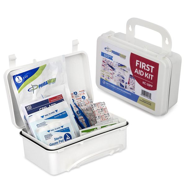 Primacare KC-10PP 10 Person Compact First Aid Kit, 8"x5"x3", with 102 Pieces Emergency Medical Supplies, Portable Kits for Home, School and Office, Wall Mount, White