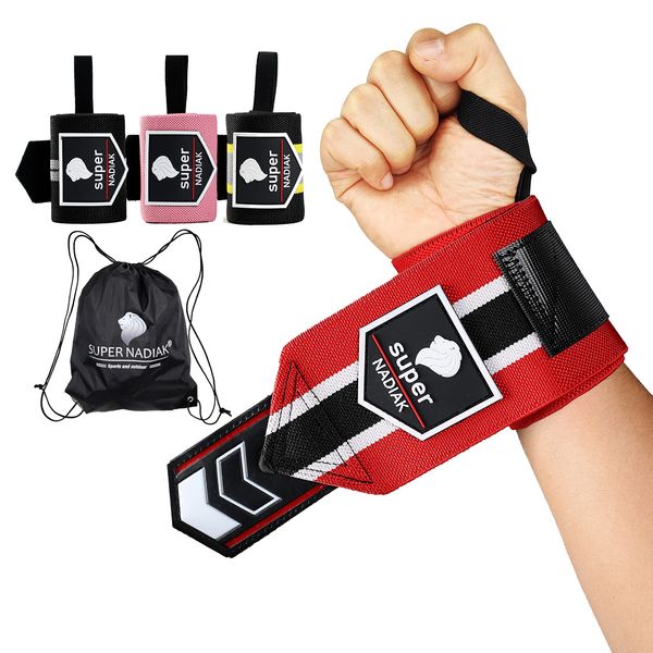 super NADIAK Wristbands-Professional Wrist Support Resistant Performing Cuffs-WristWraps Weightlifting,Bodybuilding,Powerlifting,Gym,Fitness,Crossfit,Calisthenics (Red/White/Black)