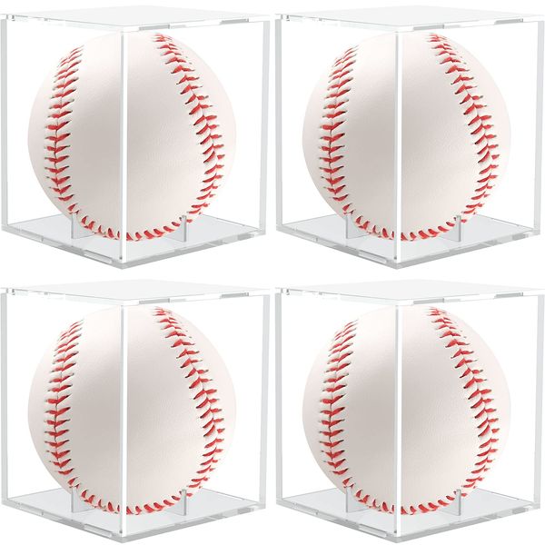 Anwenk Baseball Display Case 4Pack, Baseball Holder Case UV Protected Acrylic Cube Square Clear Official Baseball Autograph Display Case Memorabilia Display Box for Official Size Baseball