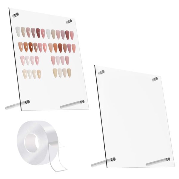 2 PCS Transparent Nail Art Display Board, Large Acrylic Display Polish Board False Nail Tips Sample Display Holder Nail Color Nail Practice Board with Double Sided Tape For Salon 13.4 x 9.8 Inches