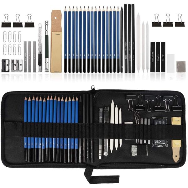 Ulifeme Sketch Drawing Pencil Set, 50pcs Sketching Pencils Art Supplies Kit, Charcoal Pencils, Graphite Pencils, Eraser, Drawing Tools for Artist, Beginners, Children & Adults, Black Canvas Bag Packed