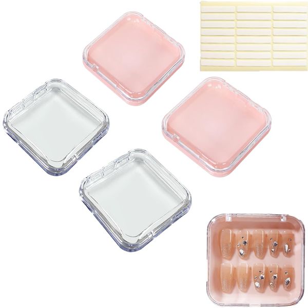 SUKPSY 4pcs Plastic Press on Nail Storage Box with Adhesive Double Sided Tape Fake Nail Display Storage Box Acrylic Nail Packaging Box for Nail Salon Home Storage Supplies(Pink/Clear)