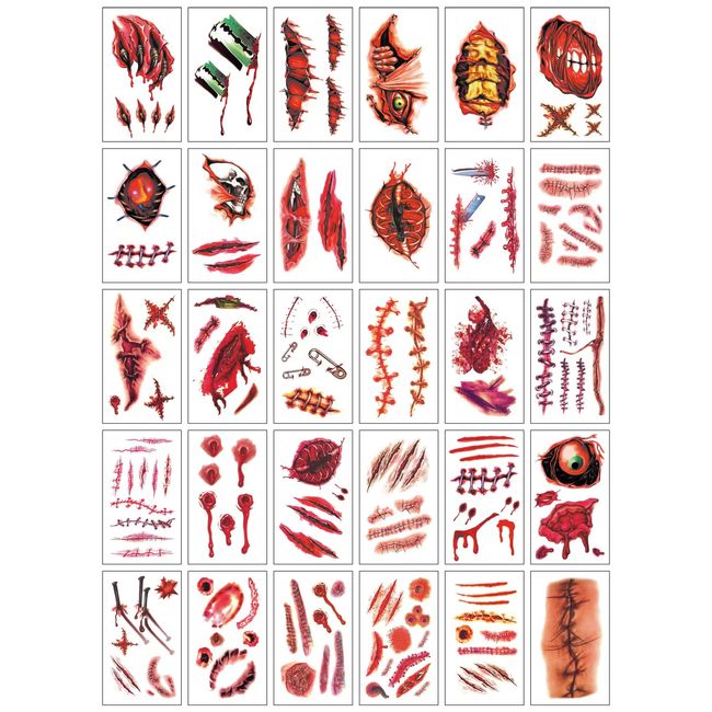 Selawasty 30 Sheets Halloween Tattoo Stickers Wound Tattoo Stickers Simulation Tattoo Tattoo Scar Tattoo Tattoo Knife Simulation Waterproof Tattoo Sticker(Style 3)