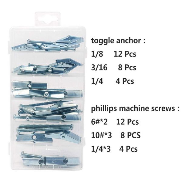 T.K. Excellent Heavy Duty Hollow Wall Anchors for Drywall, Carbon Steel, 24Pc Toggle Bolts and Wing Nut Kit, Hollow Drywall Anchors and Screws Assortment Set - 1/8 Inch, 3/16Inch, 1/4Inch