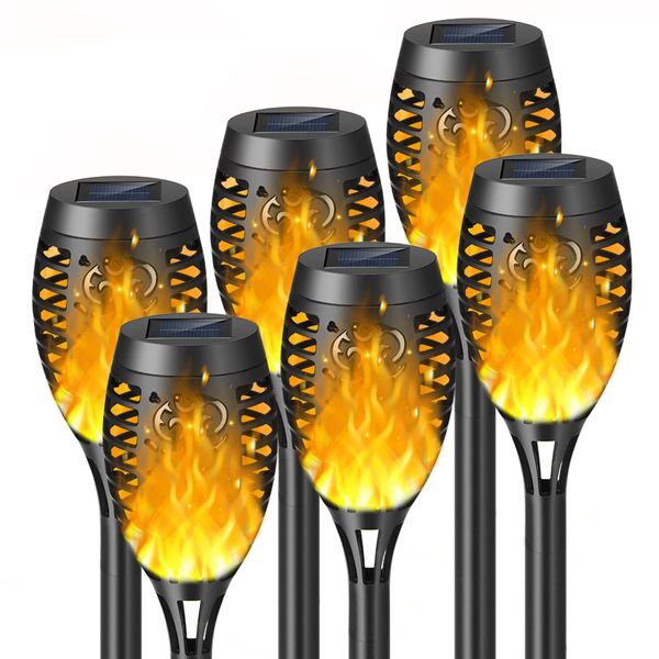 REEGOLD Solar Outdoor Flame Torch Lights: LED Tiki Torches with Flickering Flames for Christmas Halloween Garden Yard Patio Decor | IP65 Waterproof Landscape Lights with Auto On/Off | 6 Pack