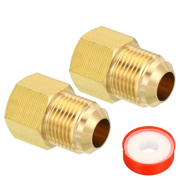 PATIKIL 2pcs 1/2 SAE Male x 3/8 SAE Female Brass Tube Fitting Pipe Fitting Reducer Gas Adapter Hex Coupling with Tape for Plumbing HVAC