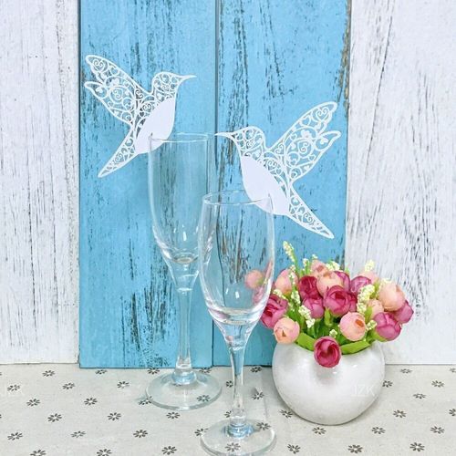 JZK® 50 x Pearly white place holder table name card cards for wedding baby shower Holy communion birthday party (white bird on wineglass)