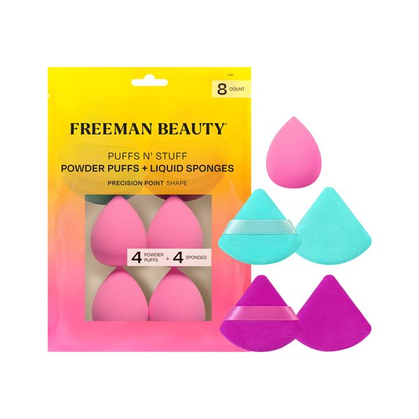 Freeman Puffs N' Stuff Powder Puffs + Liquid Sponges Set, Makeup Blending Sponges & Powder Puffs, For Foundation, Concealer, & Setting Powder, Vegan & Cruelty Free, 8 Count