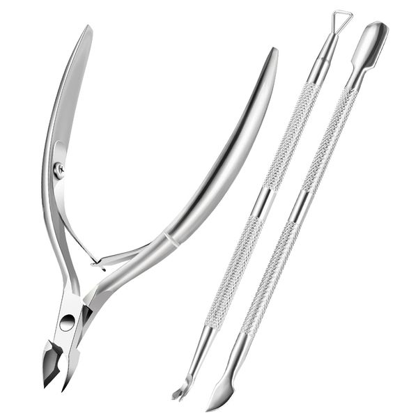 XUNXMAS Cuticle Trimmer with Cuticle Pusher, Cuticle Remover Cutter Nipper Scissor and Triangle Cuticle Nail Pusher Peeler Scraper, Durable Dead Skin Clipper Manicure Pedicure Tools (Silver)