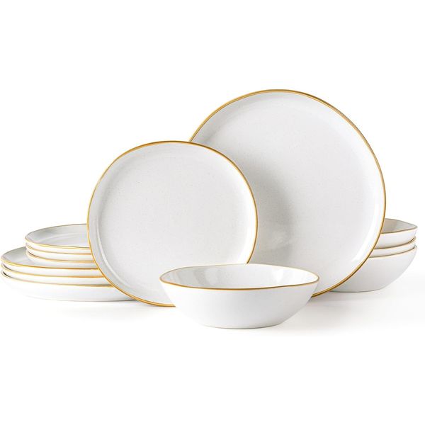 Ceramic Dinnerware Sets,Handmade Reactive Glaze Plates and Bowls Set,Highly Chip