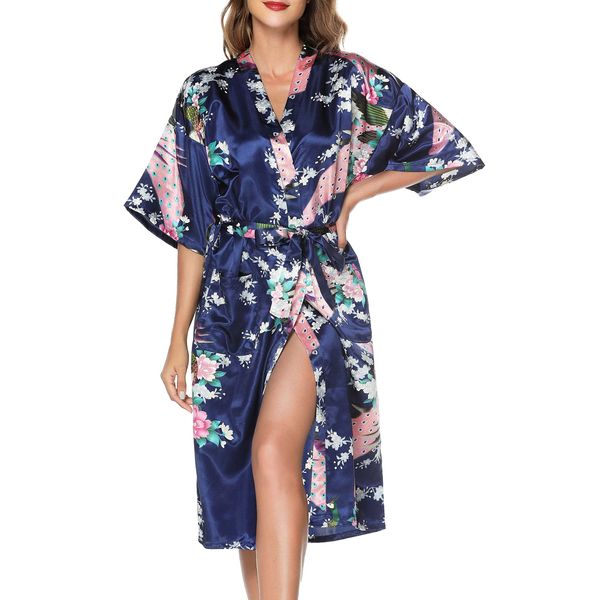 Lovasy Kimono Dressing Gowns Satin Kimono Robe Peacock and Blossoms Silk Dressing Gown for Women UK Long Silk Bride and Bridesmaid Robes,Dark Blue,L