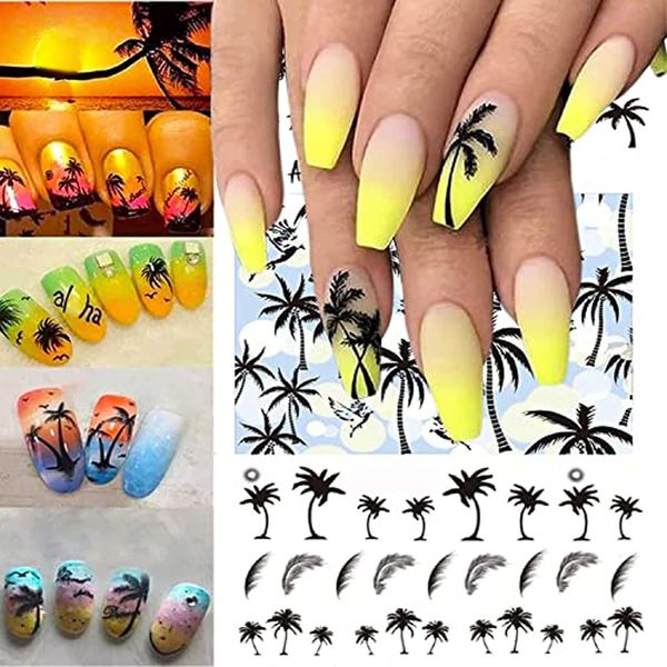 3 pcs Summer Style Coconut Trees Beach Shoes Nail Water Decals Transfer Stickers Black Feather Leaves Nail Art Stickers Tattoo Decal