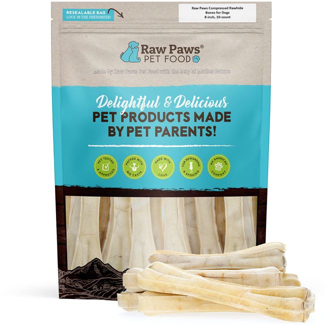 Raw Paws Compressed Rawhide Bones for Dogs, 8-inch, 2-Count - Packed in USA - Long Lasting Dog Chews - Natural Pressed Rawhides - Rawhide Bones for Large Dogs - Raw Hide Bones for Aggressive Chewers