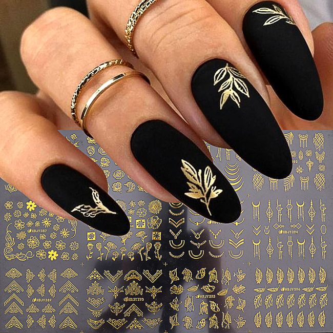 Flowers Nail Art Stickers Decals Gold Line Designs Nail Supplies 3D Self-Adhesive Leaves Floral Nails Decals Acrylic Nail Sticker for Women Girls Manicure Decorations Accessories Set 12Sheets