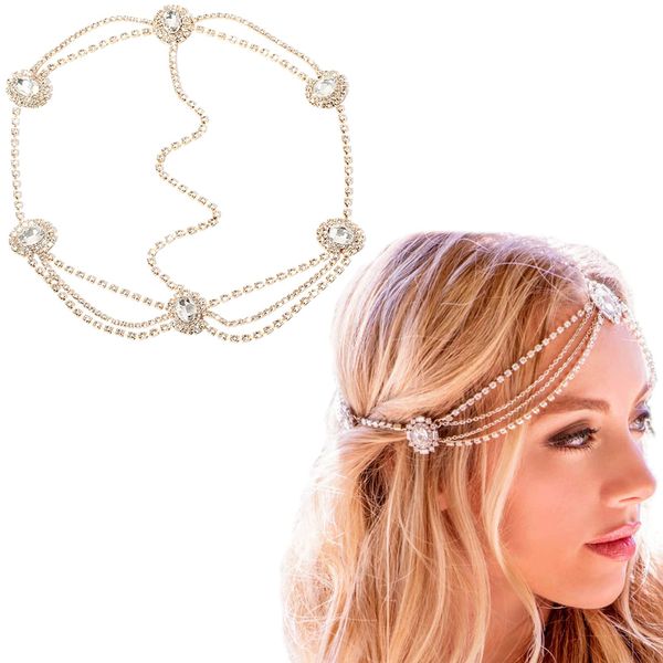 Women Rhinestone Head Chain Boho Crystal Headpiece Rose Gold Wedding Hair Accessory Gift for Her Party Headpiece for Bride Bridesmaid Girls (Gold)