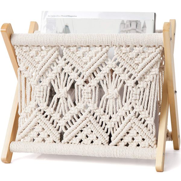 Mkono Macrame Magazine Rack Boho Storage Holder Standing Basket for Books, Newspapers, Swaddle Blanket, Dorm Essentials, Living Room, Bathroom, Office, Nursery, Home Decor, Small Size, 11.2”L x 7.5”W