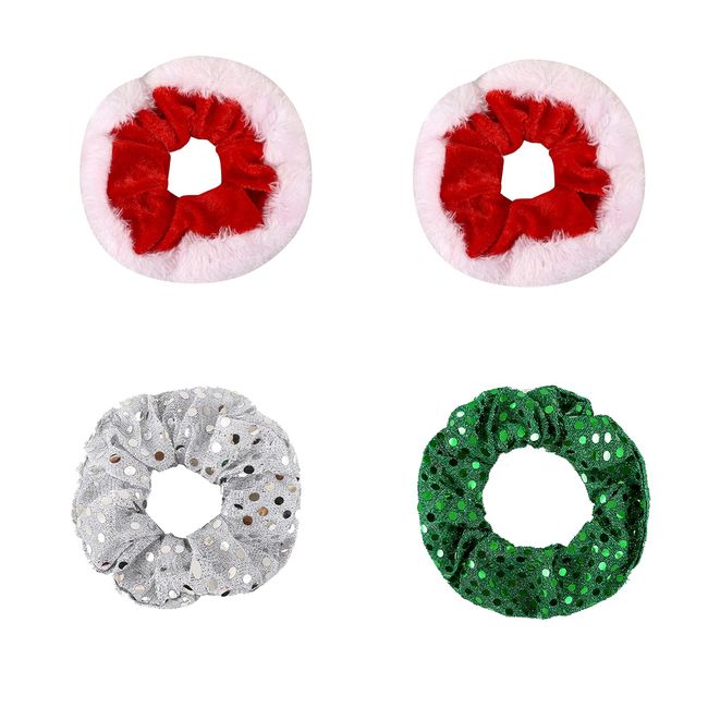 4Pcs Christmas Hair Scrunchies, Green Silver Xmas Sequins Hair Scrunchies Red Velvet Scrunchies, Elastic Hair Bands Hair Ropes, Stretchy Hair Ties Ponytail Holder, Christmas Hair Accessories for Kids