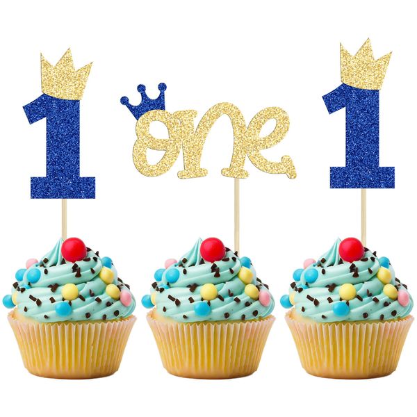 Ephlyn 24Pcs 1st Birthday Cupcake Toppers Glitter Crown One Cake Topper Decorations First Birthday Cake Decorations for Baby Shower 1st Birthday Party Supplies Blue Gold