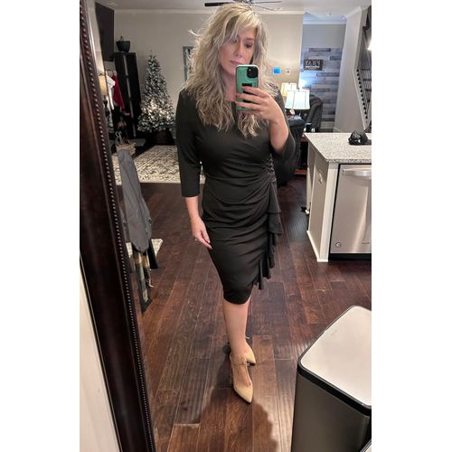 Yajedo Black Dress for Women Funeral 3/4 Sleeve Prom Bodycon Ruffle Work Pencil Midi Dress(Black X-Large)