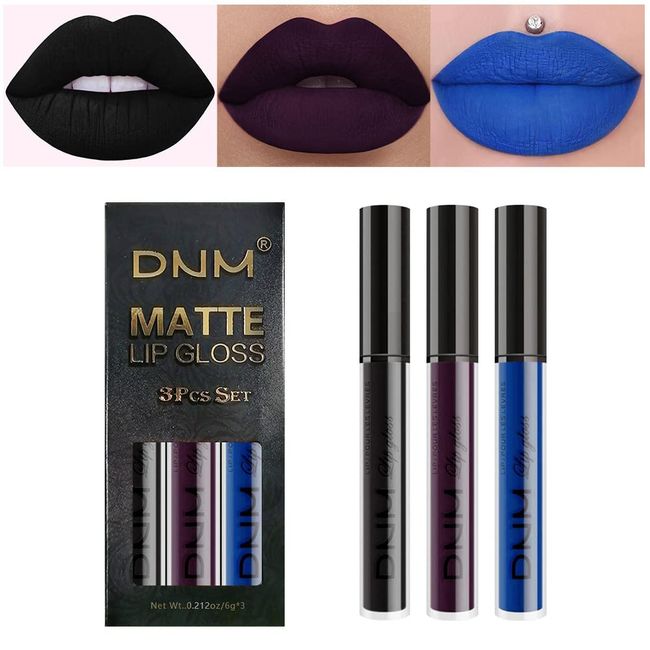 Lip Gloss Set, 3Pcs Noble Purple Dark Blue Black Matte Liquid Lipstick Set, Long-Lasting High Pigment Black Lipstick, Waterproof Matte Mist Lipgloss Set for women, Non-Stick Cup Lip Stain