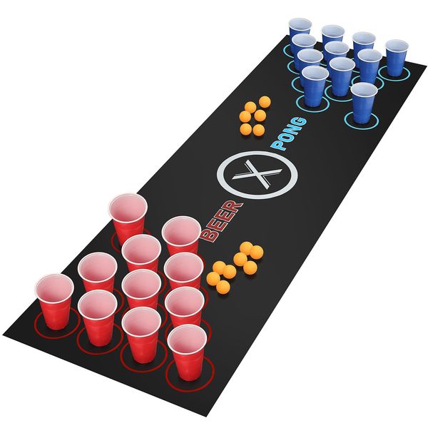 Yeuligo 71 × 23in Beer Pong Table Mat, Beer Pong Set for Drinking Games, 14 × Beer Pong Balls, 24 × Reusable Plastic Beer Pong Cups, Party Festivals Fun Drink Games for Adults.