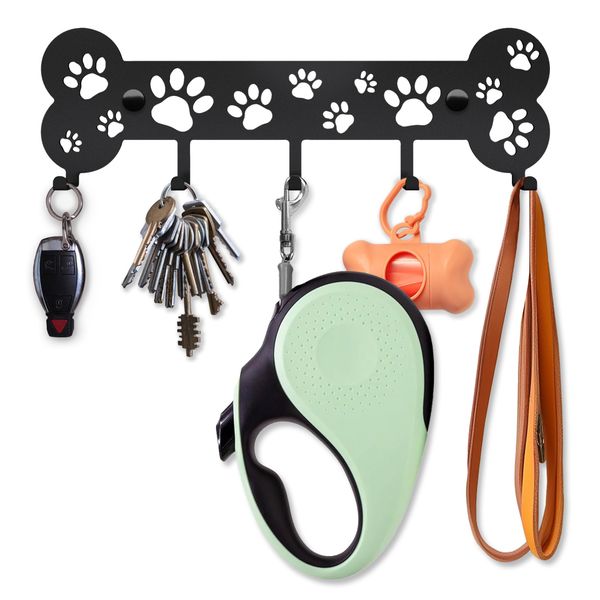 Dog Lead Holder for Wall, Dog Gifts for Women Men Idea - Dog Harness, Collar, Stake and Coat Holder - Small and Medium Dogs - Key Hooks Wall Mounted - Black Metal Key Racks for Dog Leash