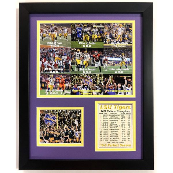 2019 LSU Tigers CFP National Champions - Wins Versus Ranked Opponents Perfect Season - Framed 12"x15" Double Matted Photos