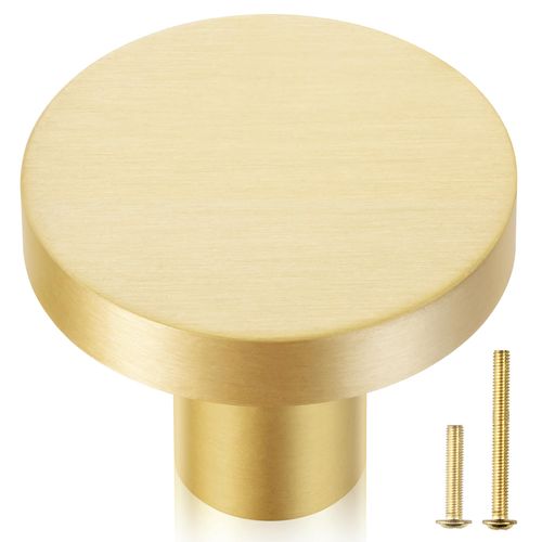 QOGRISUN 20-Pack Solid Brass Cabinet Knobs, 1-Inch Diameter, Round Gold Dresser Drawer Pulls Handles, Modern Kitchen Hardware, Brushed Brass Finish