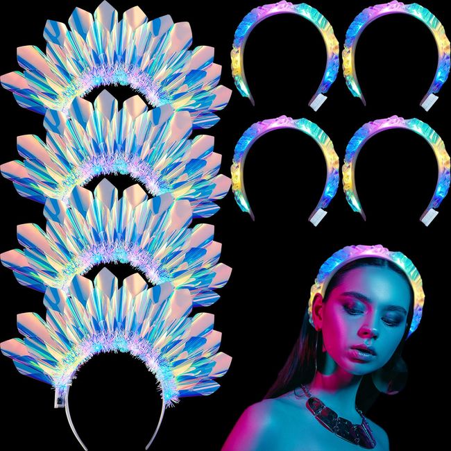 Crowye Light up Headband Glitter Hair Hoop Festival Rave Accessories for Women Girls LED Glowing Light up Laser Headpiece for Women Flash Hair Band Glow Hairhoop for Christmas Holiday Party(8 Pcs)