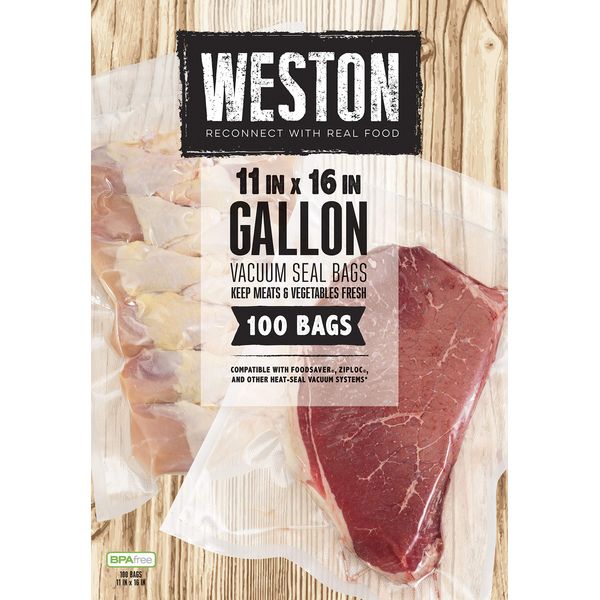 Weston Vacuum Sealer Bags, 2 Ply 3mm Thick, for NutriFresh, FoodSaver & Other Heat-Seal Systems, for Meal Prep and Sous Vide, BPA Free, 11" x 16" (Gallon), 100 count, Clear