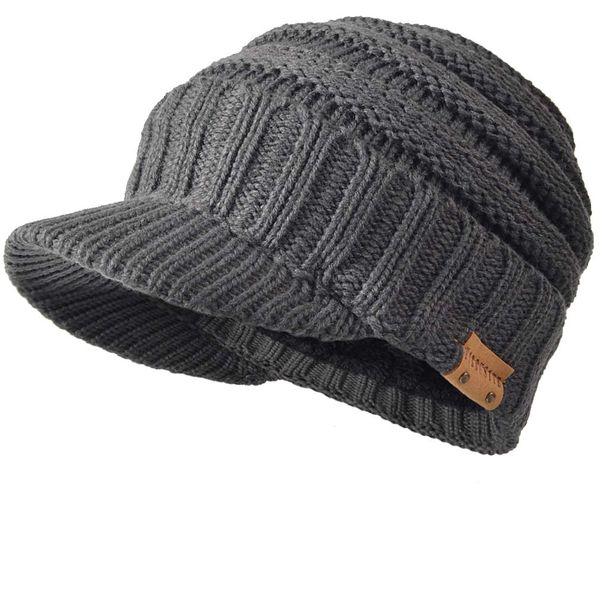 FORBUSITE Men Knit Beanie Visor Cap for Winter Women Thick Beanie with A Brim Grey