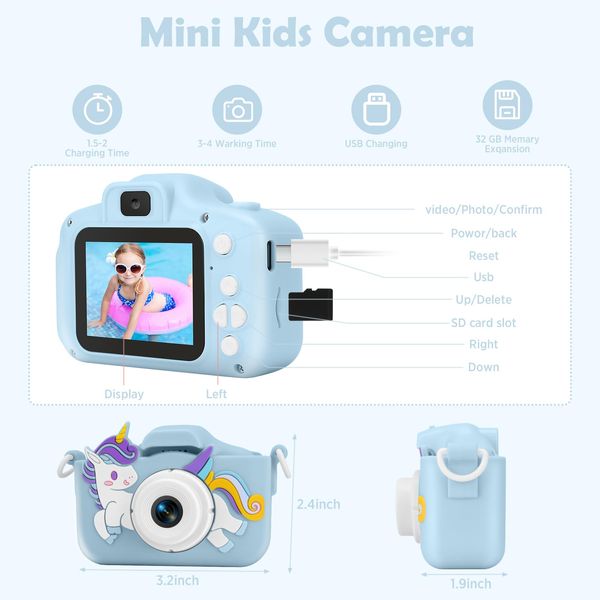 Kids Camera Toys for 3 4 5 6 7 8 9 10 Years Old Girl Boys,Children Digital Camera with Protective Silicone Cover,Toddler Camera,Kids Camera for Girls Christmas Birthday Gifts with 32GB SD Card Blue