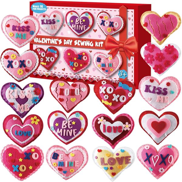 16 Sets Valentine's Day DIY Stuffed Craft Kit Heart Sewing Kit Valentines Day DIY Sewing Set for Beginners Heart Educational Gift Set for Boys and Girls Valentines Felt Ornaments Decoration for kids