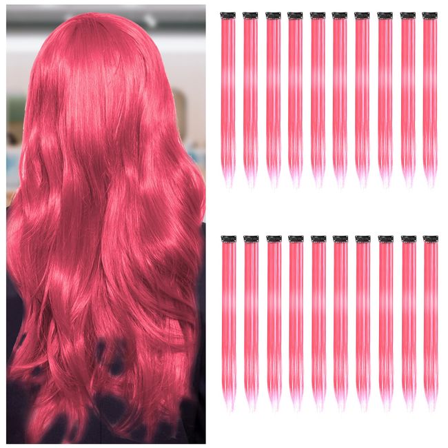 20 PCS Hair Extensions, Rose Pink Hair Extensions for Girls, 55cm/ 22inch Clip In Hair Extension Straight Extensions for Party, Festival Hair Accessories Hair Pieces for Women (Rose pink)