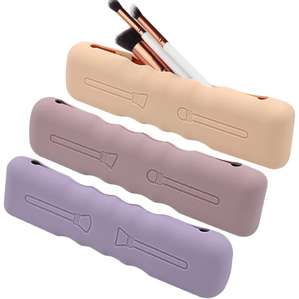 Organizzatore di pennelli da viaggio per trucco da viaggio, organizer per pennelli da trucco in silicone, supporto portatile per pennelli da viso, chiusura magnetica e apertura, Rosa Viola Cachi