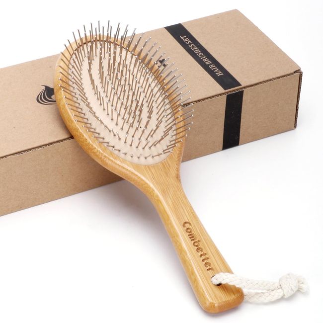 Combetter Bamboo Hair Brush, Smoothing Hair and Massaging Scalp, Detangling Anti-Static Hairbrush, Eco-Friendly Natural Wooden comb with Metal Bristles for Women, Men & Children