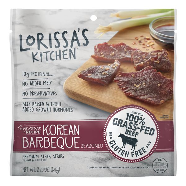 Lorissa's Kitchen Premium Grass-Fed Steak Strips, Korean Barbecue, 2.25 Oz. 4 Count - No Added MSG or Nitrites, Keto Friendly Snacks & Gluten Free, More Tender Than Traditional Beef Jerky