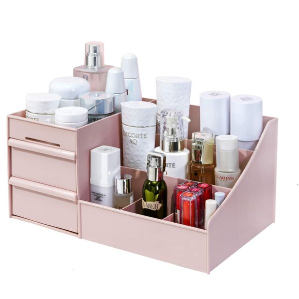 Simbuy Makeup Organizer for Vanity— Bathroom Countertop Cosmetics Organizer with Drawers for Lipstick, Brushes, Lotions, Eyeshadow, Nail Polish and Jewelry (Pink)