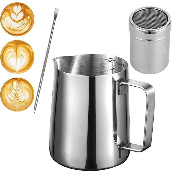 Milk Frothing Pitcher 20oz/600ml, Stainless Steel Creamer Cup, [ 16 Coffee Stencils + Latte Art Pen ], Powder Shaker for Making Coffee Cappuccino Hot Chocolate Machine