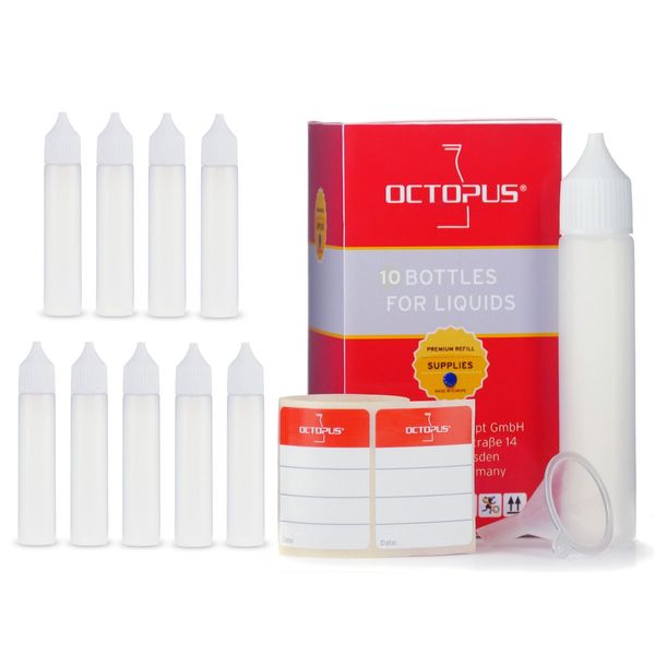 Octopus 10 x 30 ml Liquid Bottles with Funnel + Labels, Soft LDPE Dosing Bottles, Plastic Bottles + White Lid, Painting Bottle, Pen Bottles
