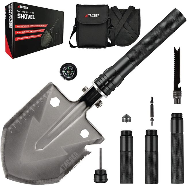 TAC9ER Survival Shovel Multitool with Carrying Case - Emergency Collapsible Tactical Shovel for Camping, Beach, Offroading, or Backpacking